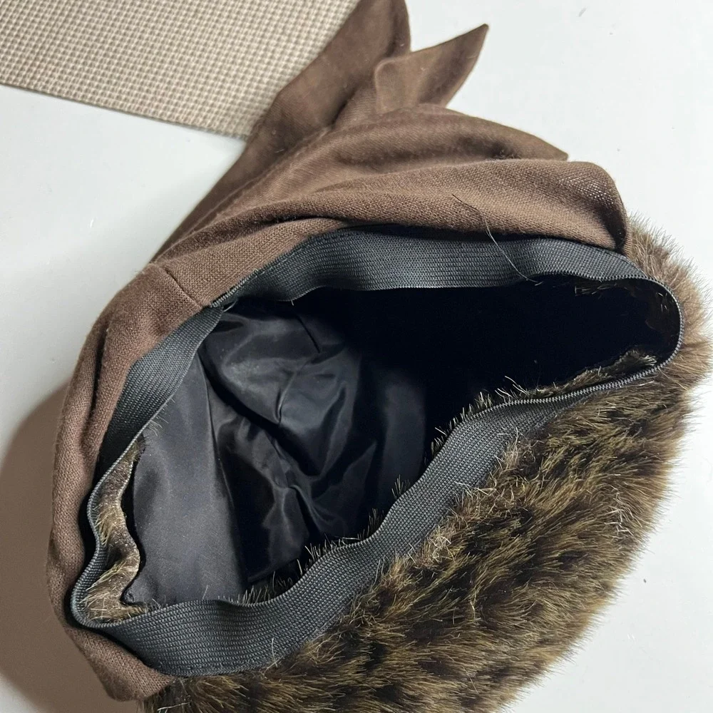 Vintage Style Brown Faux Fur Trim Cossack Hat with Long Scarf Ties One Size